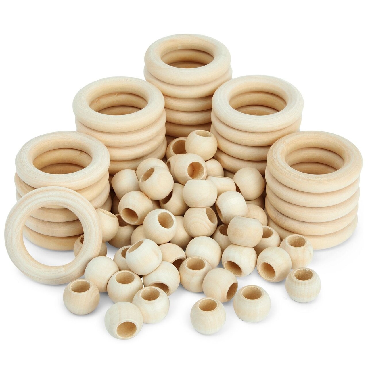 Bright Creations Set of 50 Wooden Beads and 30 Rings for Macrame, DIY Pendant Connectors, Wall Hanging Craft (2.2 in/20mm)